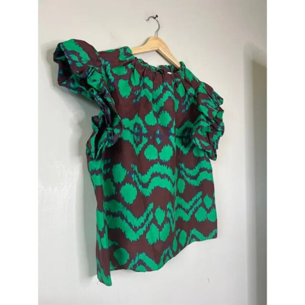 NEW Ulla Johnson Iren Abstract Silk Crew-Neck Ruffled Blouse Top - Picture 3 of 7